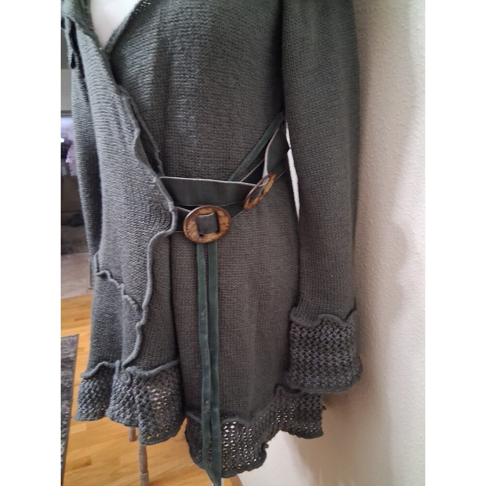 Boston Proper Asymmetrical Crochet Boho Cardigan Womens Med Belted Ruffle Collar